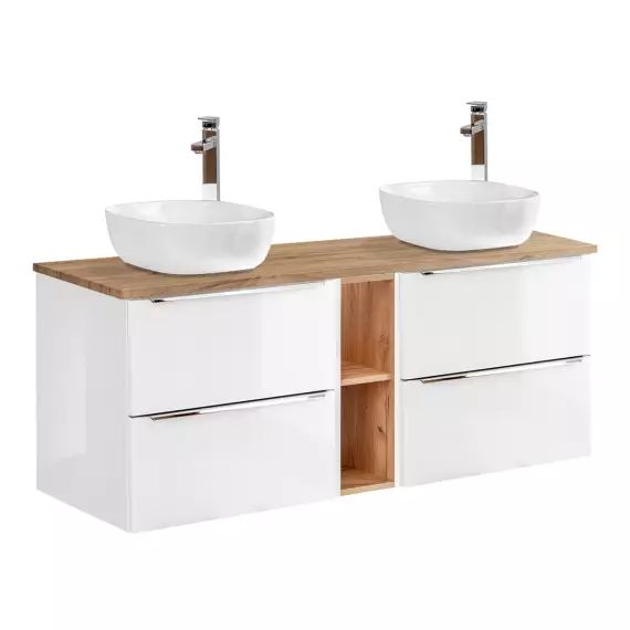 Meuble double vasque 140cm 2 niches blanc et naturel