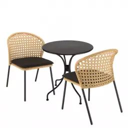 Salon de jardin 2 pers – table ronde D70 et 2 chaises beiges et noires