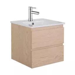 Meuble simple vasque décor chêne 45cm + vasque + robinet