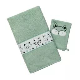 Serviette de bain + gant de toilette enfant verte 50×90 en coton