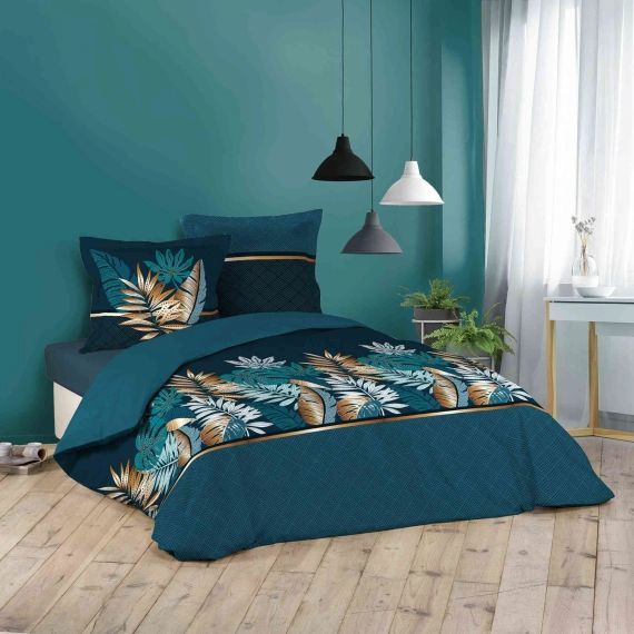 Parure de lit coton bleu 260×240 cm