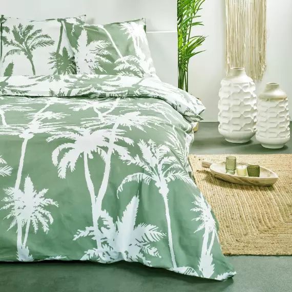 Parure de lit réversible à l&rsquo;esprit tropical coton vert 240 x 220