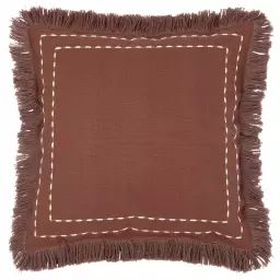 Housse de coussin en coton biologique marron à franges et fils brodés 40×40