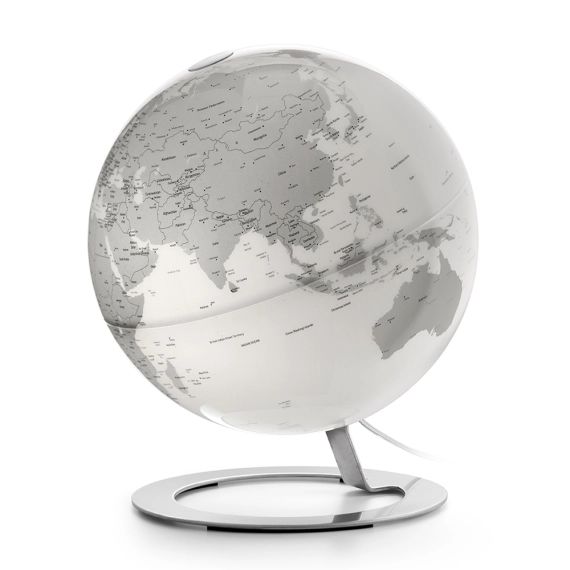 IGLOBE CHROME – Globe terrestre de design, lumineux, textes en anglais
