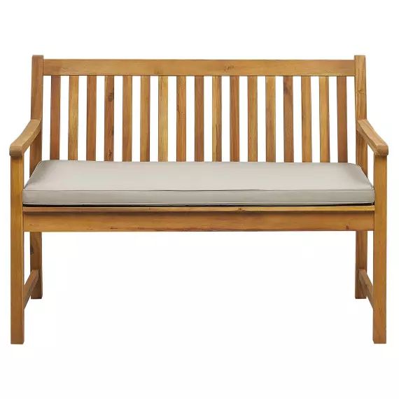 Banc de jardin en bois d&rsquo;acacia 120 cm avec coussin beige