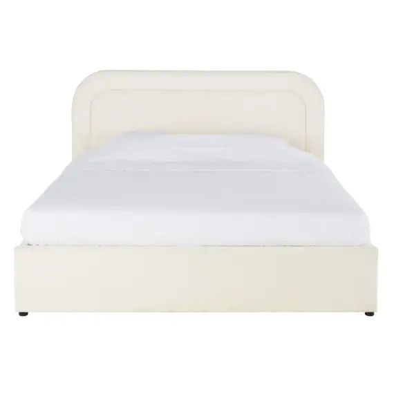 Lit coffre bouclettes blanches 160×200 avec sommier à lattes écru