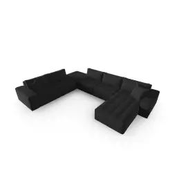 Canapé d’angle gauche panoramique 8 places en tissu structurel noir