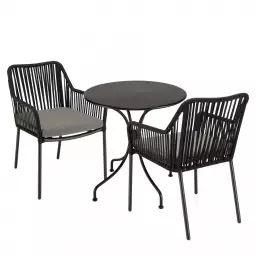 Salon de jardin 2 pers. – table ronde D70 et 2 fauteuils gris et noirs