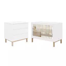 Chambre bébé : Duo – Lit bébé 60×120 commode 3 tiroirs blanc naturel