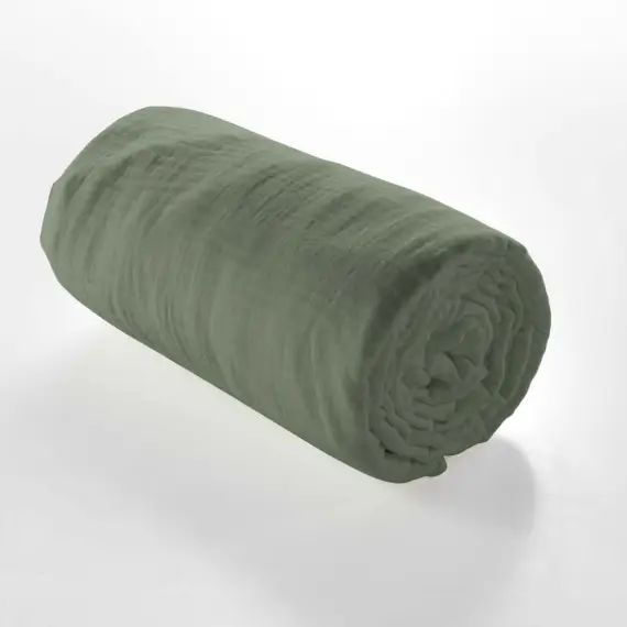 Drap housse double gaze de coton vert kaki 140x190cm