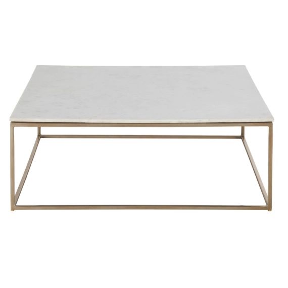 Table basse carrée en marbre blanc et métal coloris laiton