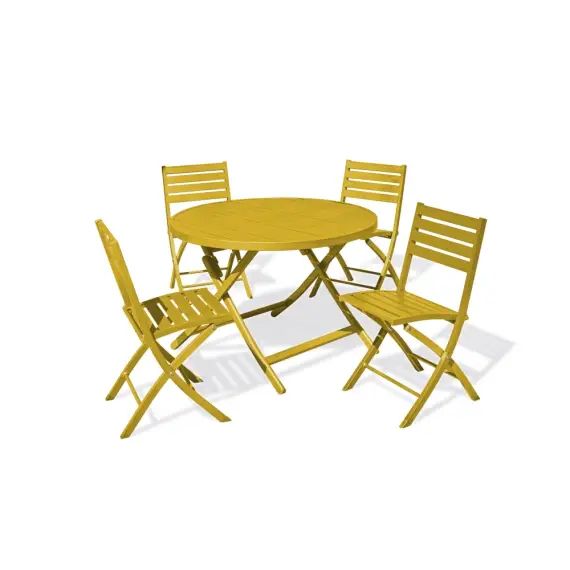 Ensemble repas de jardin 4 places en aluminium jaune moutarde