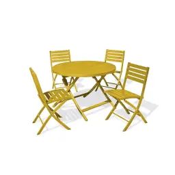 Ensemble repas de jardin 4 places en aluminium jaune moutarde