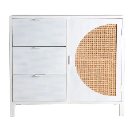 Commode en bois et rotin blanc et naturel 90x40x80