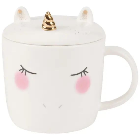 Mug licorne en faïence blanche avec couvercle