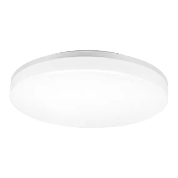 Plafonnier rond à LED blanches adapté à un usage extérieur.