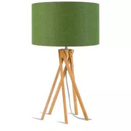 Lampe de table en bambou abat-jour en lin vert forêt, h. 59cm