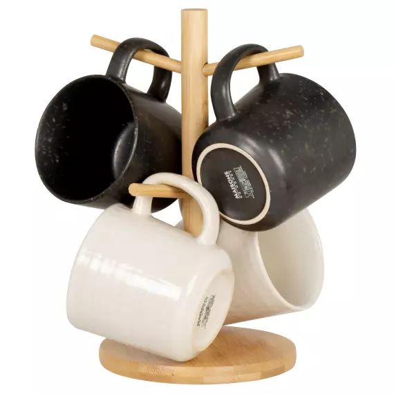 Mugs en grès beige et noir (x4) support arbre en bambou