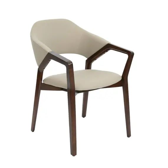 Chaise skai taupe clair et pieds couleur noyer.