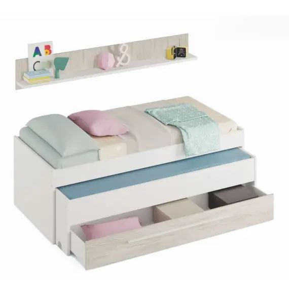 Lit gigogne avec 1 tiroir et 1 étagère – Blanc – L90cm