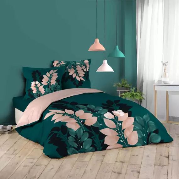 Parure de lit ambiance florale coton emeraude 220 x 240