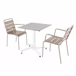 Ensemble table de jardin stratifié béton avec 2 fauteuils taupe