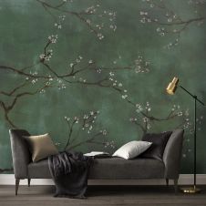 Papier peint panoramique intissé cerisiers Japonais vert 300x280cm