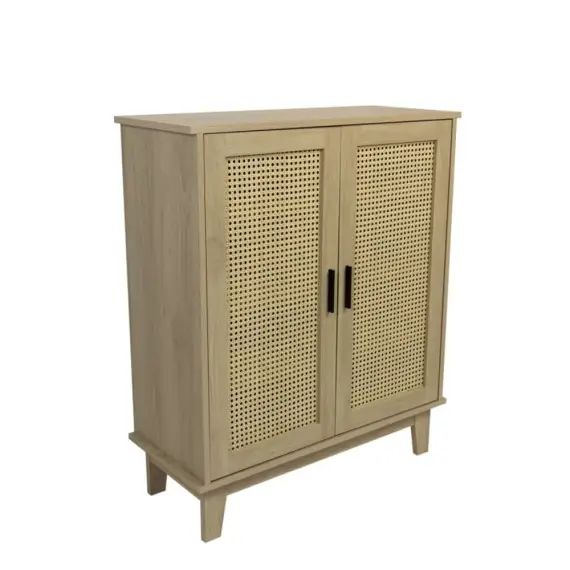 Commode en bois avec portes cannage – 3 étagères – Naturel – FSC 100%