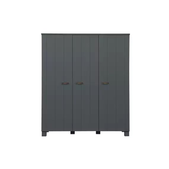 Armoire 2 portes avec tiroir et poignées en cuir pin gris acier