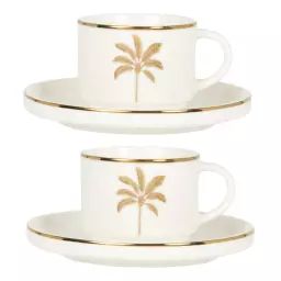 Tasse à café et soucoupe en porcelaine blanche motif palmier doré et marron
