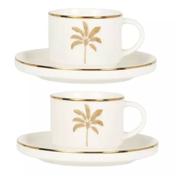 Tasse à café et soucoupe en porcelaine blanche motif palmier doré et marron