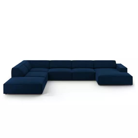 Canapé d’angle gauche panoramique 7 places en tissu velours bleu roi