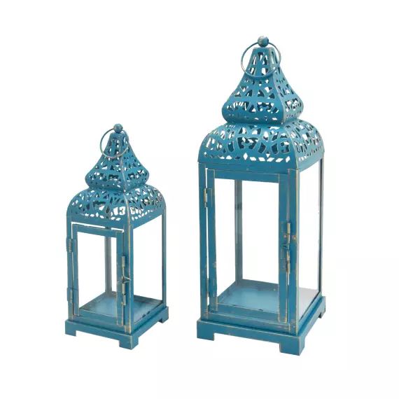 Lot de 2 lanternes sculpté en métal et pvc bleu clair et doré