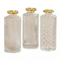 Set de 3 vases verre transparent et doré H13cm
