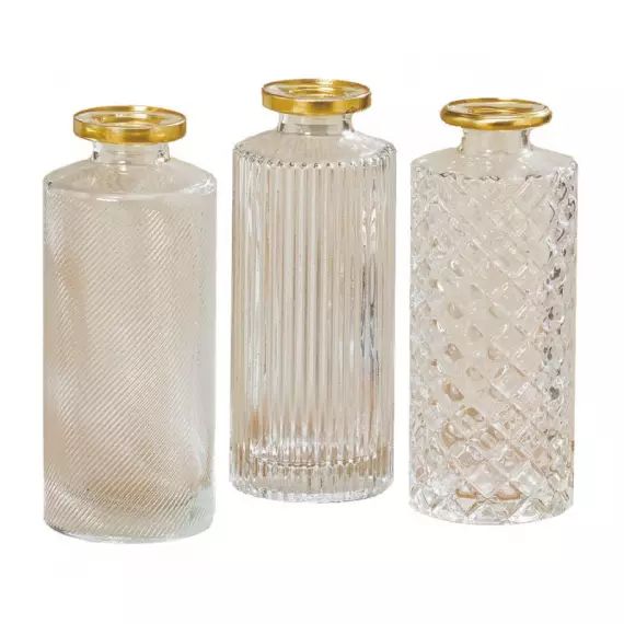 Set de 3 vases verre transparent et doré H13cm