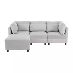 Canapé d’angle 3 places gris clair avec pouf d’appoint