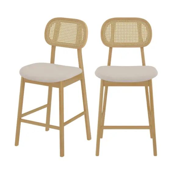 Chaise de bar mi-hauteur en tissu beige, bois d&rsquo;hévéa et rotin 60 cm