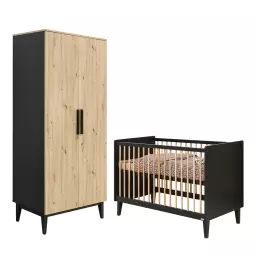 Chambre bébé : Duo – Lit bébé 60×120 armoire 2 portes noir naturel