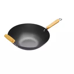 Wok 35cm anti-adhésif en acier carbone noir et bois