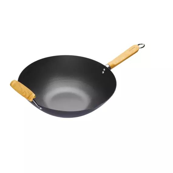 Wok 35cm anti-adhésif en acier carbone noir et bois