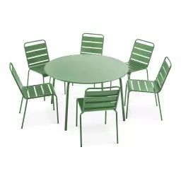 Ensemble table de jardin ronde et 6 chaises en métal vert cactus