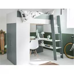 Lit mezzanine avec armoire et bureau OPUS – Blanc/Mousse multicolore