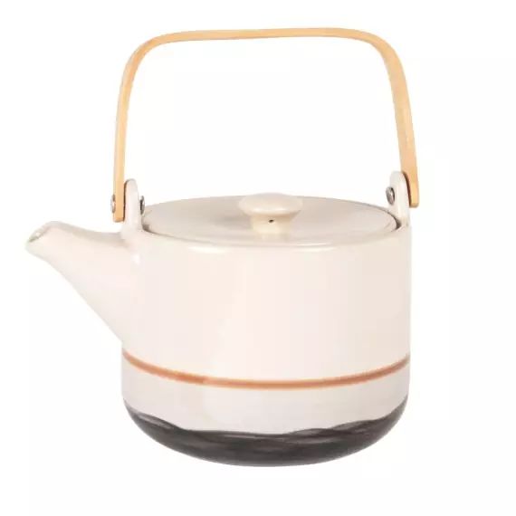 Théière en grès beige, noire, bleue et bambou