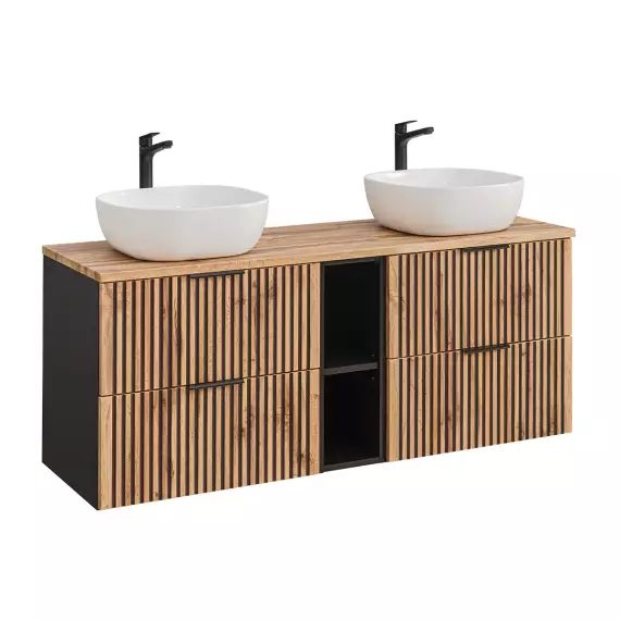 Meuble double vasque 140cm 2 niches naturel et noir