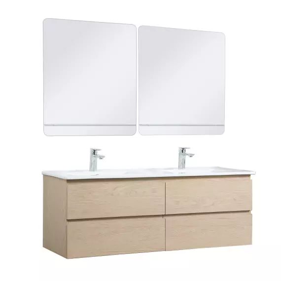 Meuble double vasque 120cm avec plan céramique  Décor chêne + miroir