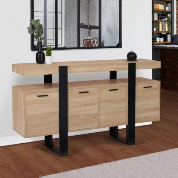 Grand buffet bois et noir 160 cm 4 portes