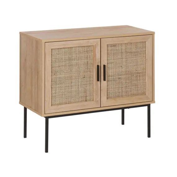 Commode 2 portes effet bois clair / rotin