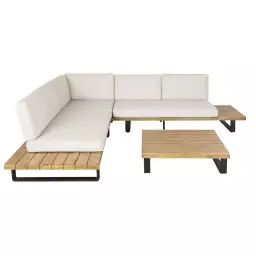 Salon de jardin 4/5 places en aluminium et bois d’acacia massif avec coussins écrus
