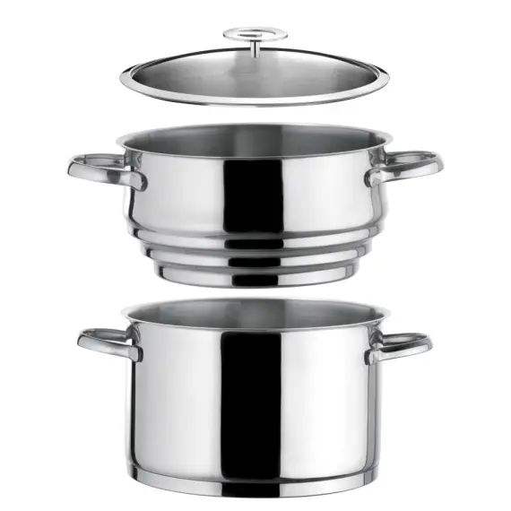 Faitout inox 24 cm, couvercle et cuit vapeur Universel en Acier Acier