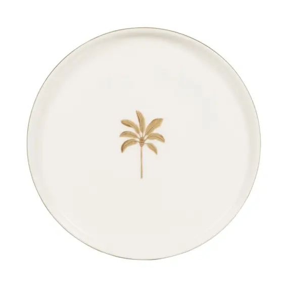 Assiette à dessert en porcelaine beige motif palmier doré